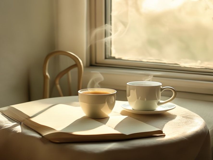 Morgenkaffe og notesbog ved dagslys ved et vindue